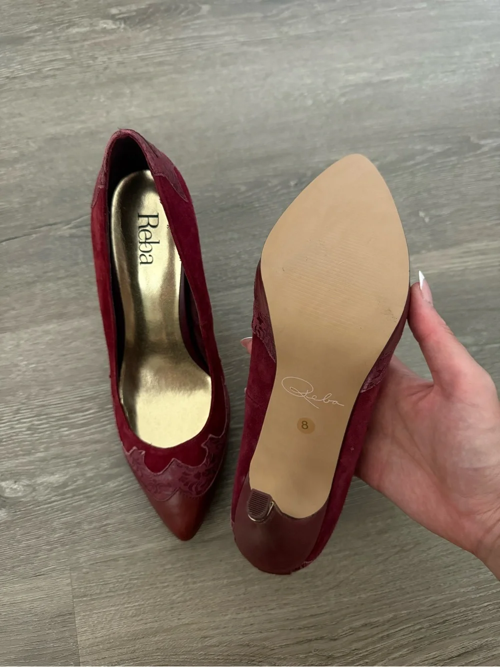 Reba Burgundy Pointed-Toe Mixed-Material Pumps